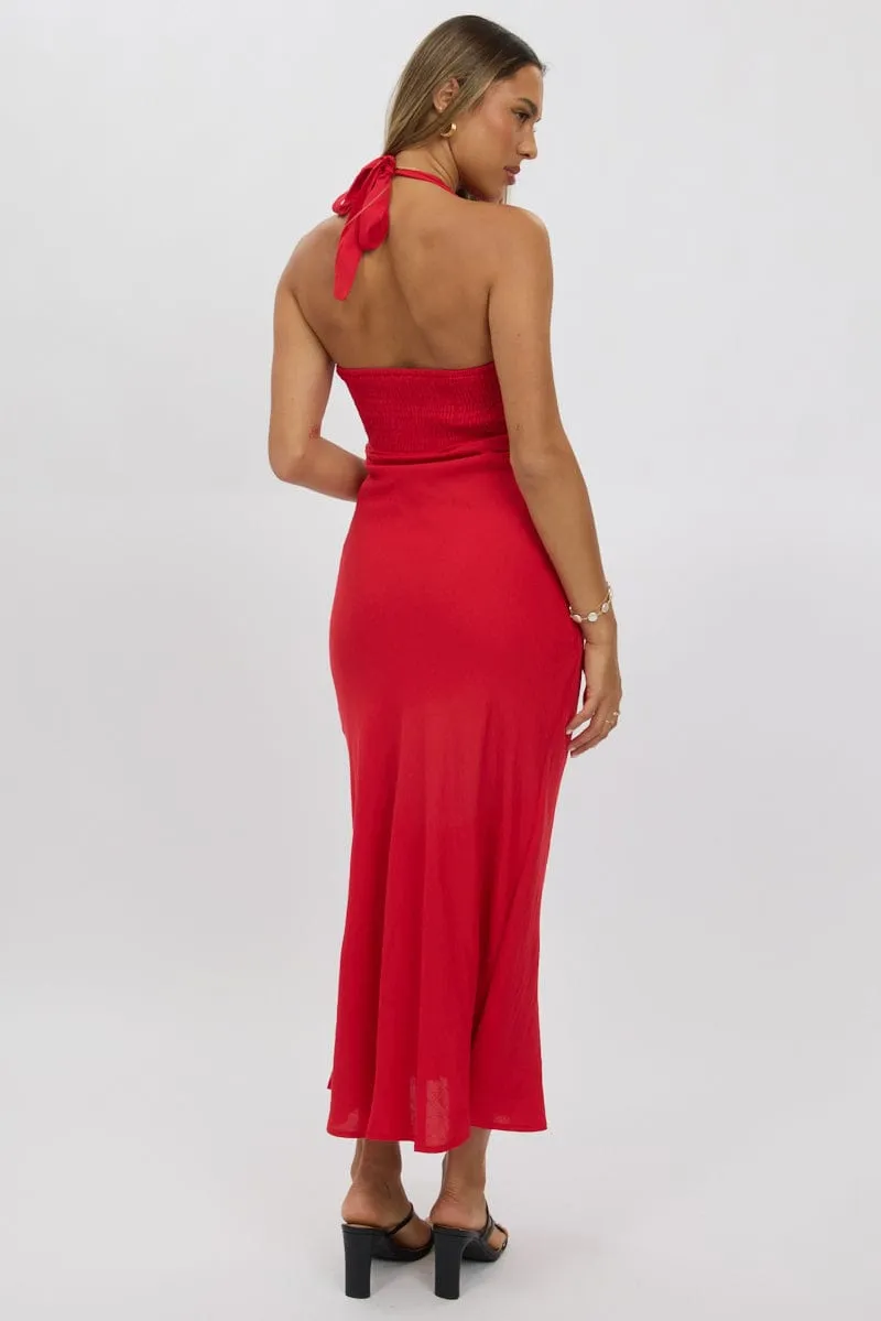 Red Halter Neck Dress Midi Chic Outfit