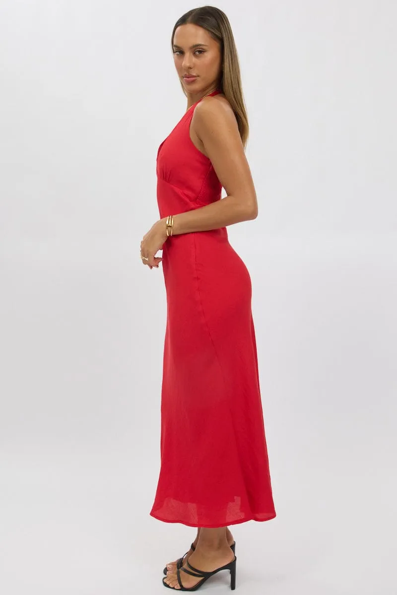Red Halter Neck Dress Midi Fashionable knee-length piece Chic Comfort