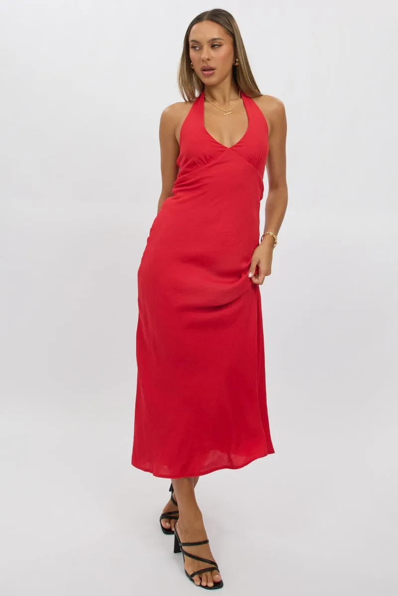 Flattering Fit Red Halter Neck Dress Midi