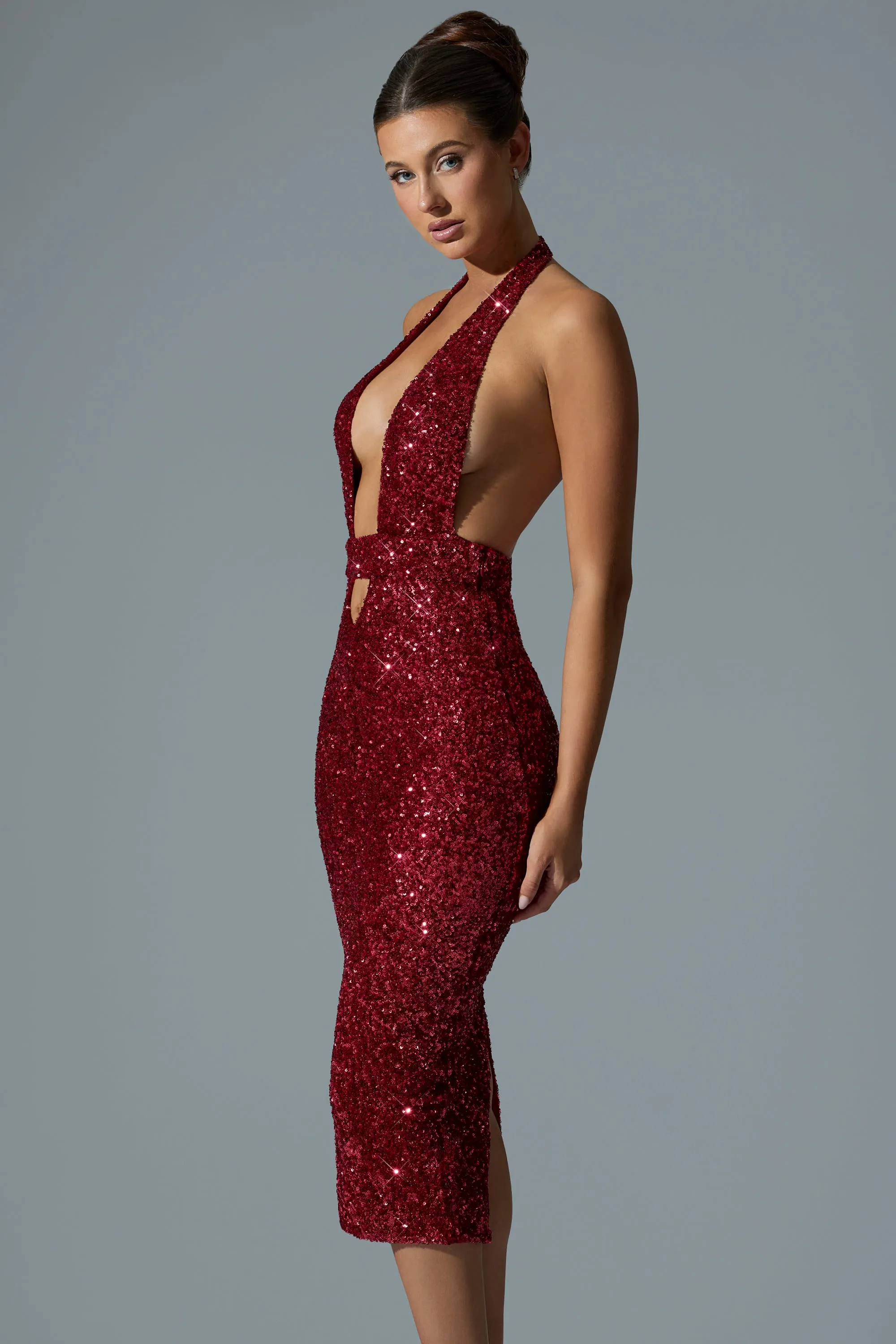 Embellished Cut-Out Open-Back Midaxi Dress in Red Forest Air Reinforced Stress Points