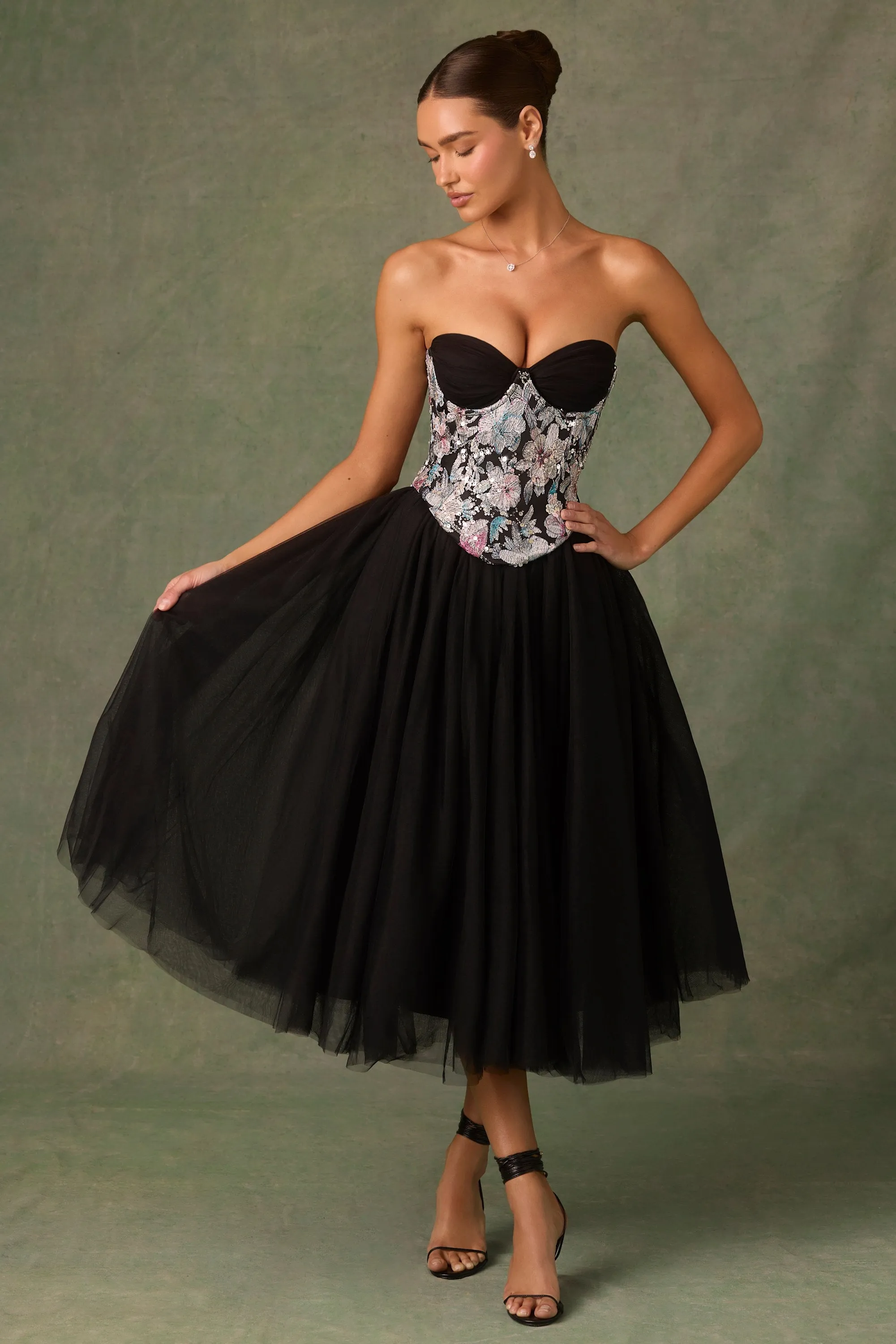 Tulle Corset Midaxi Dress in Black ReinforcedHem