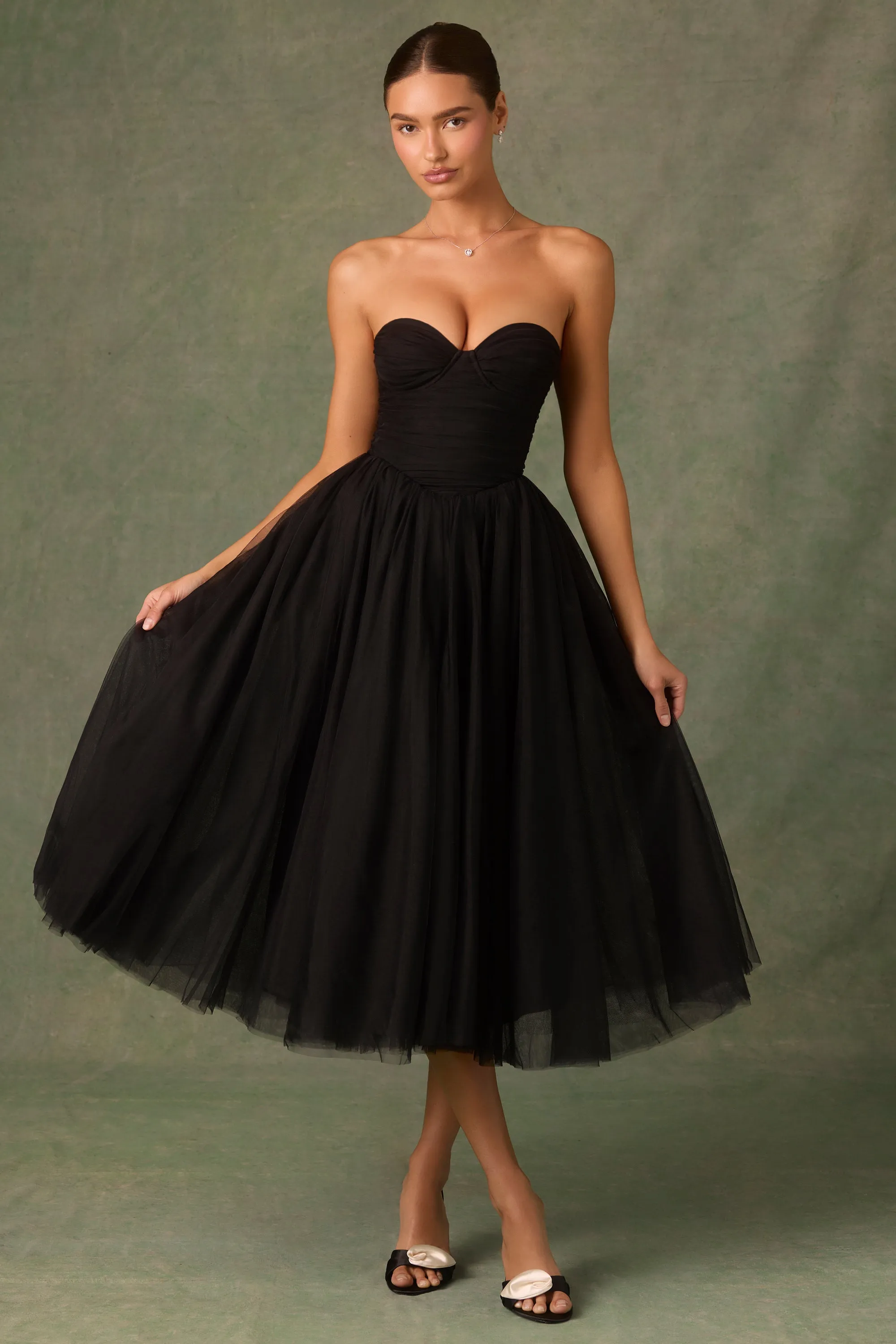 Tulle Corset Midaxi Dress in Black DoubleLayered Collar