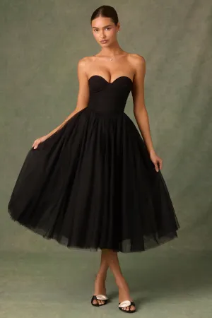 Tulle Corset Midaxi Dress in Black DoubleLayered Collar