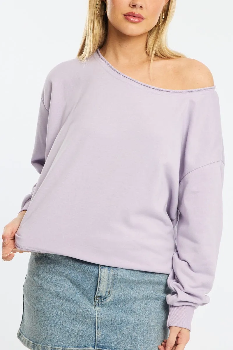 Comfy Layering Functional Comfort Purple Off Shoulder Sweater Long Sleeve
