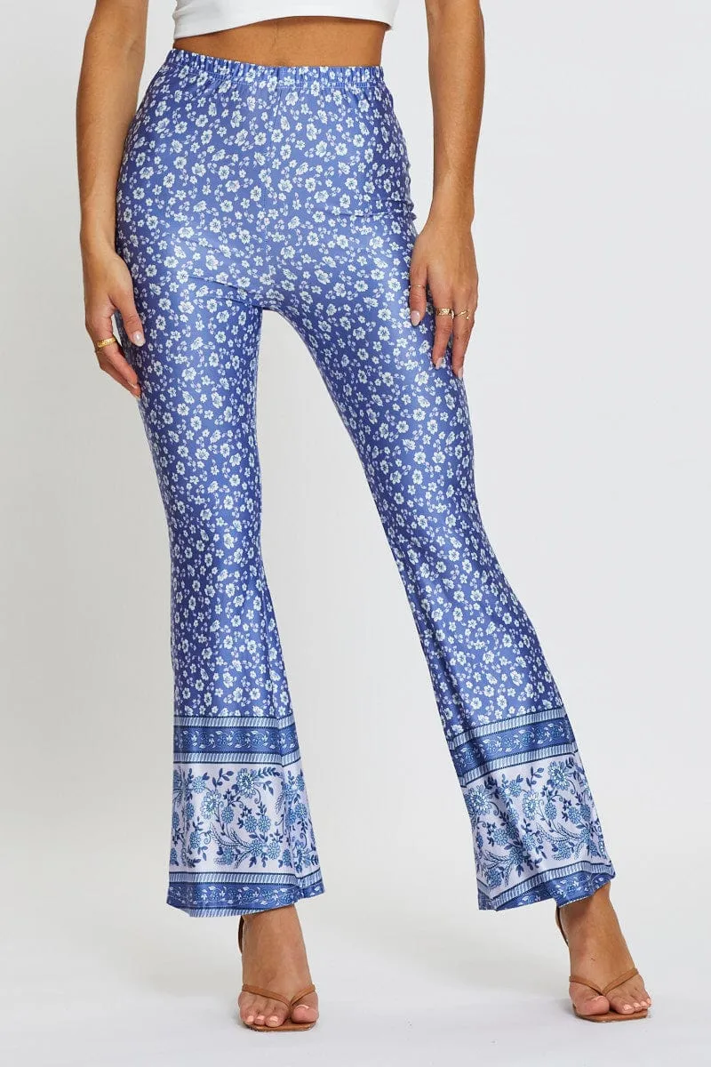 Twill Weave Texture Boho Print Pants Flare Leg