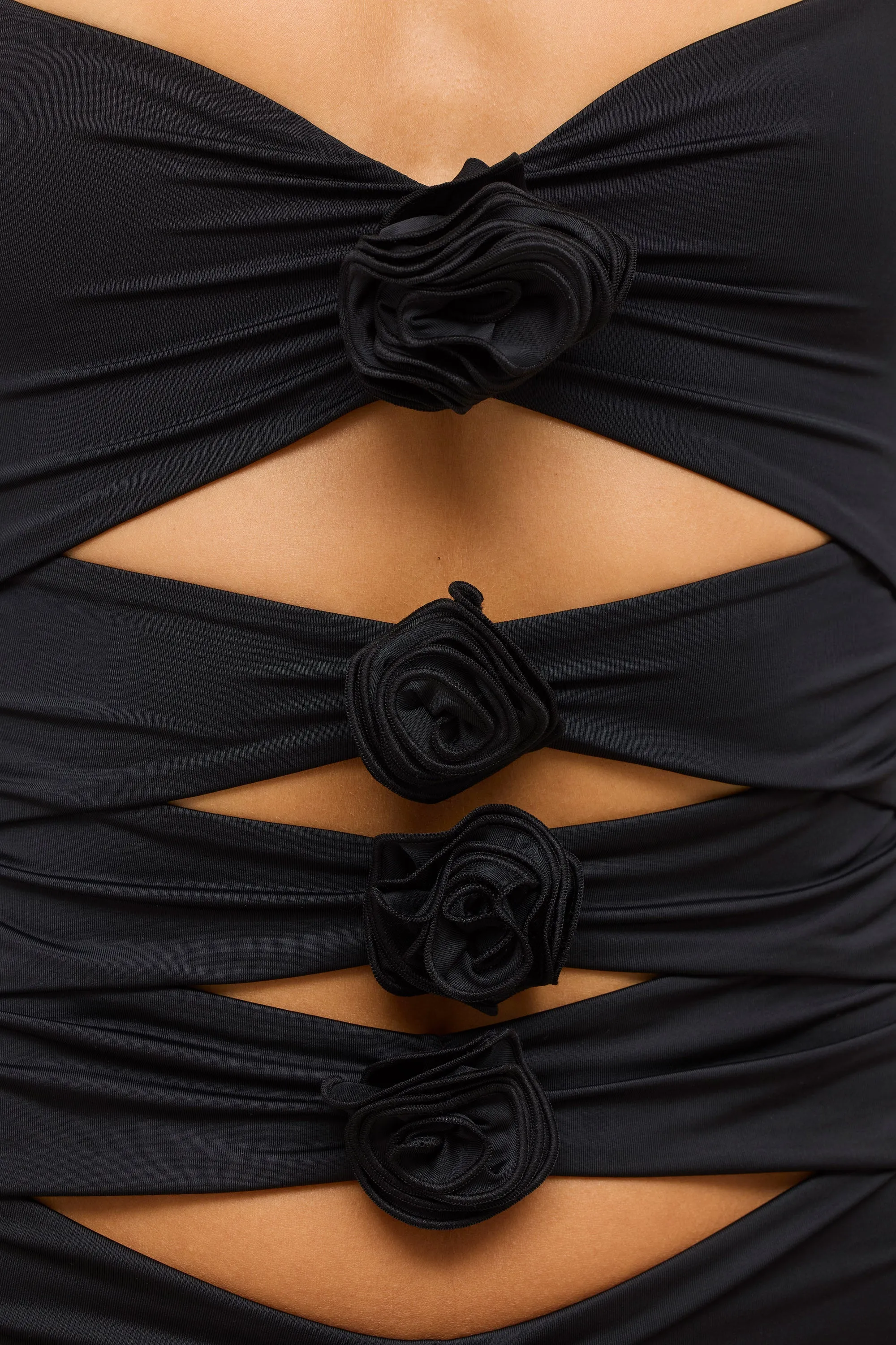 Slinky Jersey Rose Detail Cut Out Mini Dress in Black Casual Comfort Look Elastic cuffs