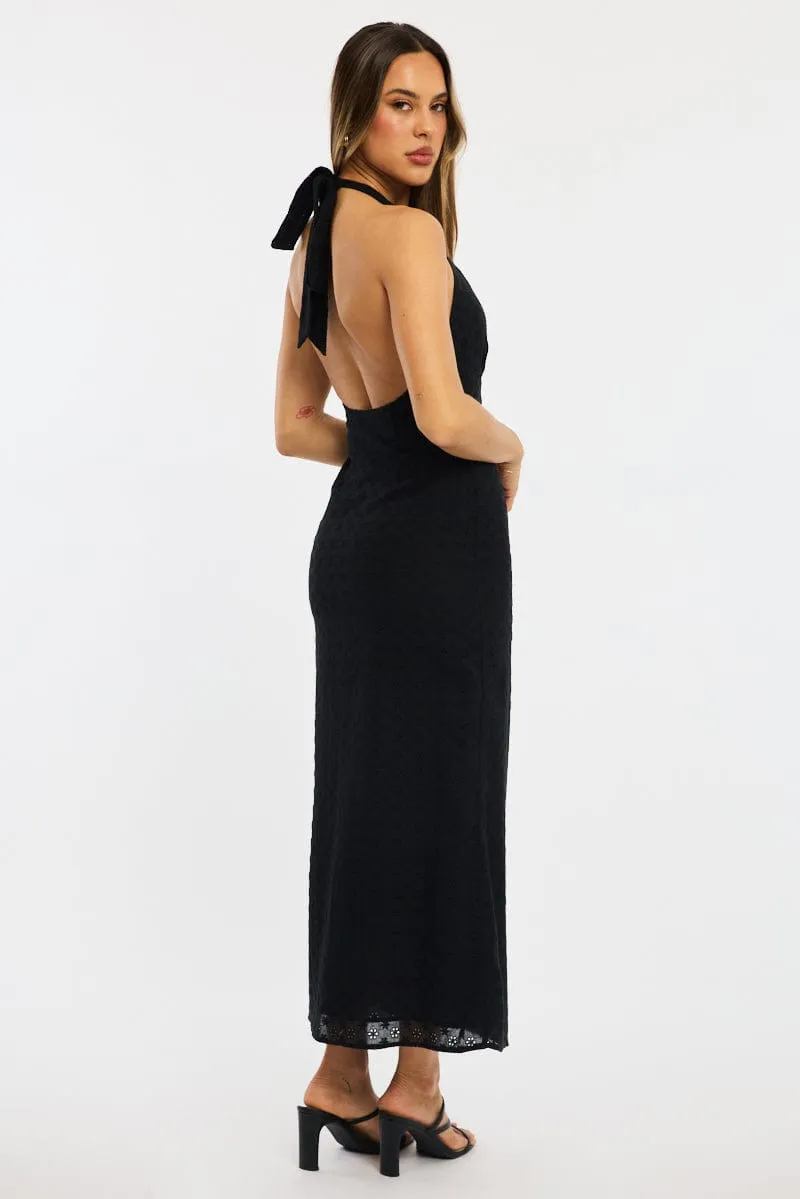 Casual Elegance Black Halter Neck Dress Eyelet Fabric