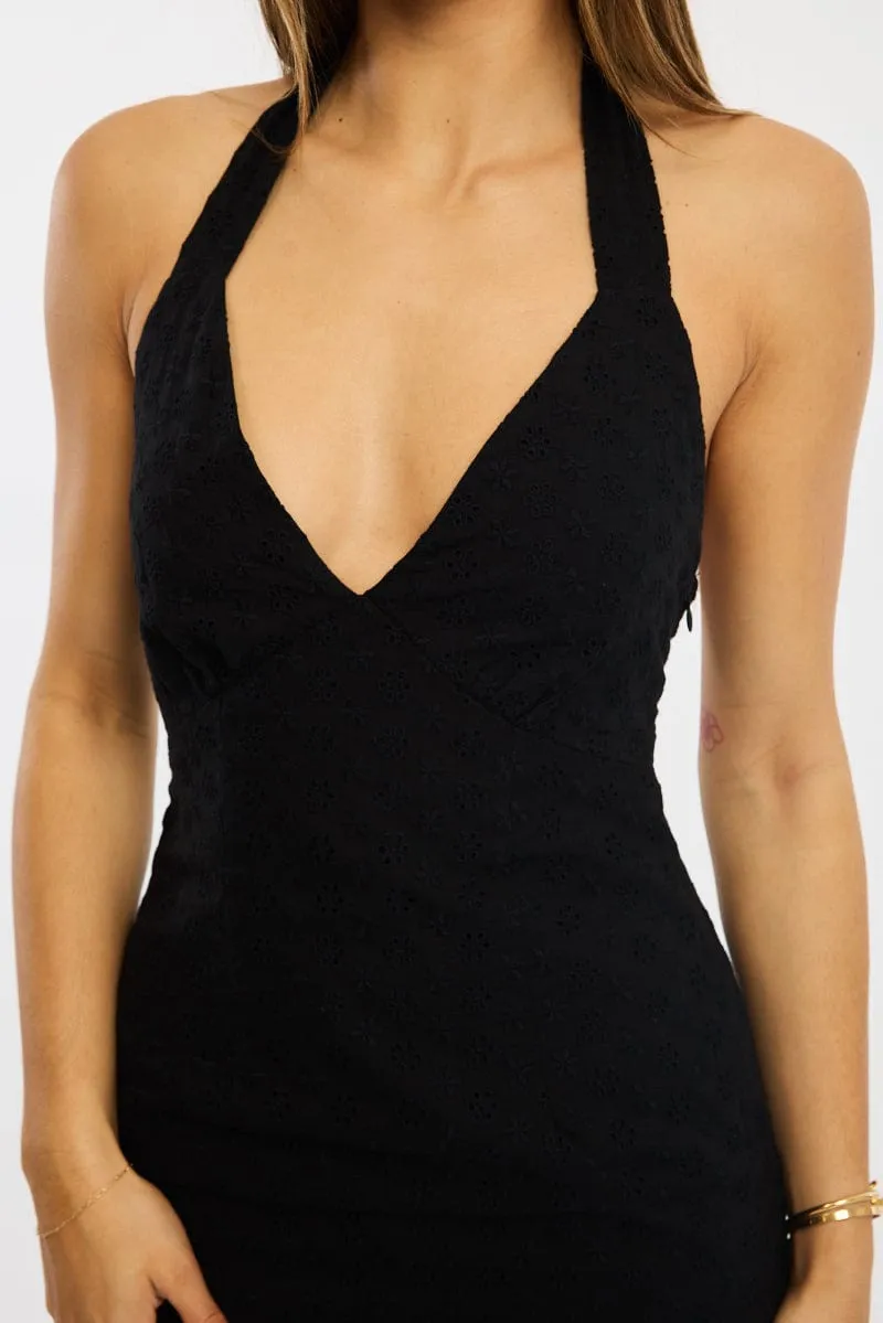 Polished Look Trendy Fit Black Halter Neck Dress Eyelet Fabric
