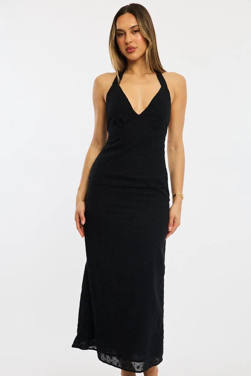 Black Halter Neck Dress Eyelet Fabric Flattering Layers