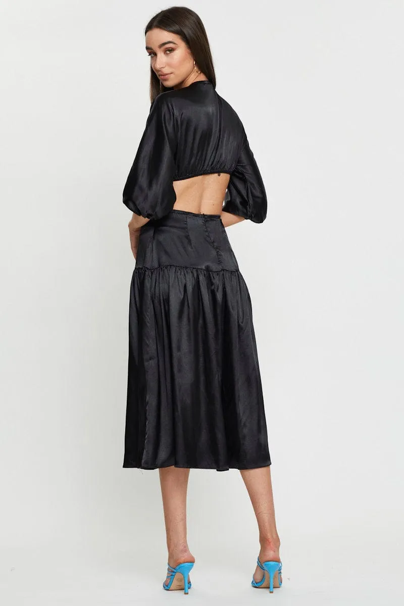 Stylish dress for gatherings Chiffon Air Black Midi Dress Short Sleeve