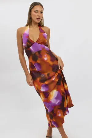Multi Abstract Halter Neck Dress Midi Summer Picnic Style Versatile