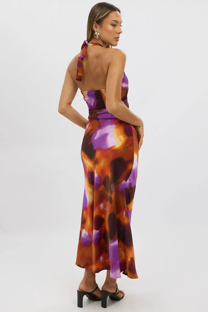 casual outing Multi Abstract Halter Neck Dress Midi