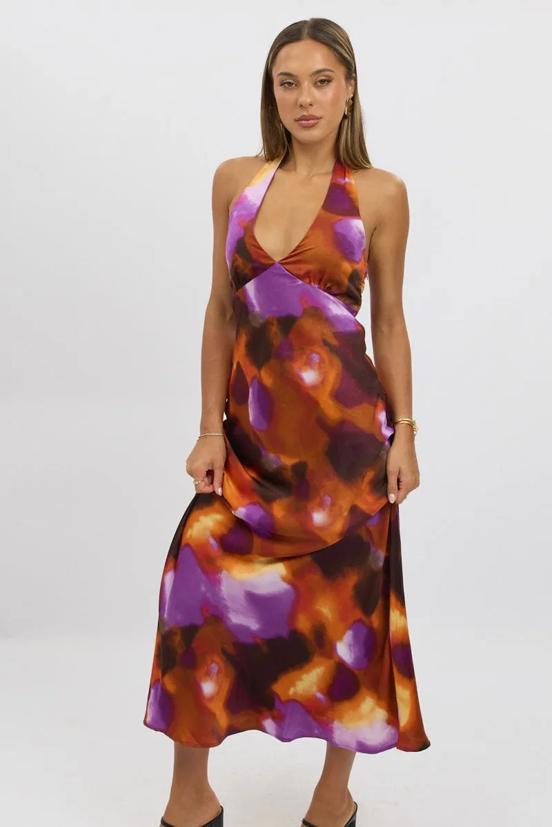 Multi Abstract Halter Neck Dress Midi Flowy mid-length piece