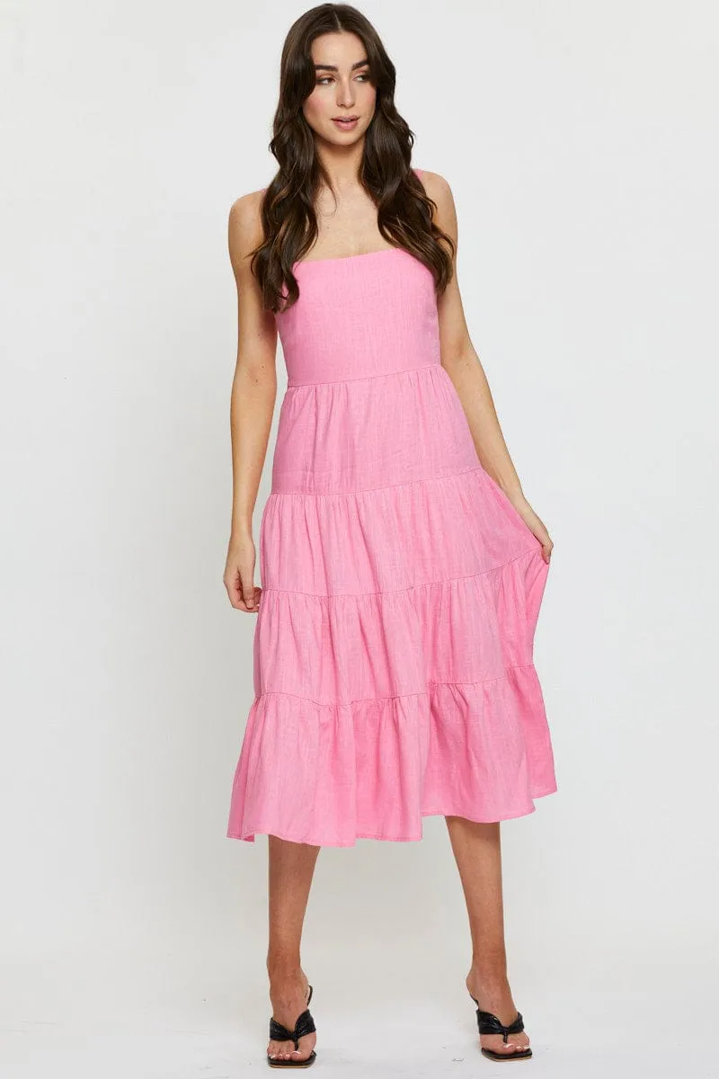 Pink Tiered Dress Midi Comfortable casual midi Flattering fit for all body types