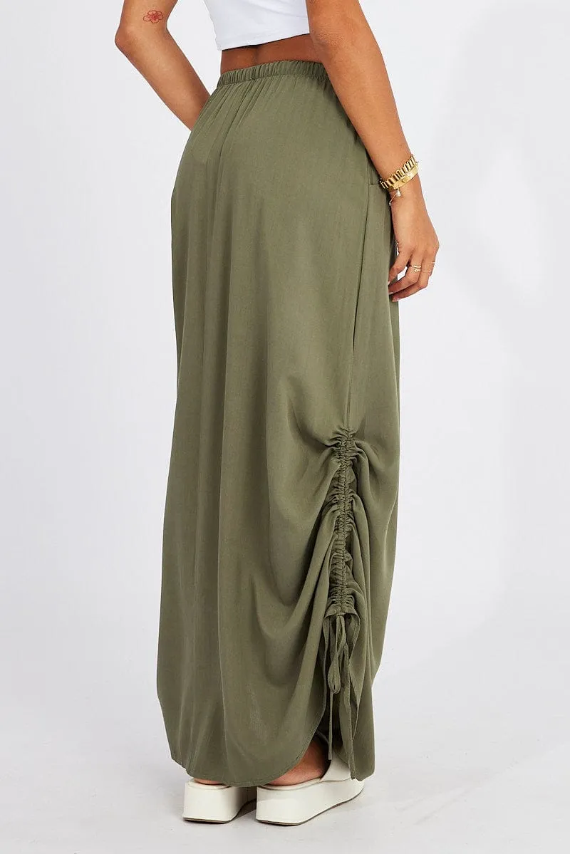 Slip Resistant Waist Green Maxi Skirt Side Ruched