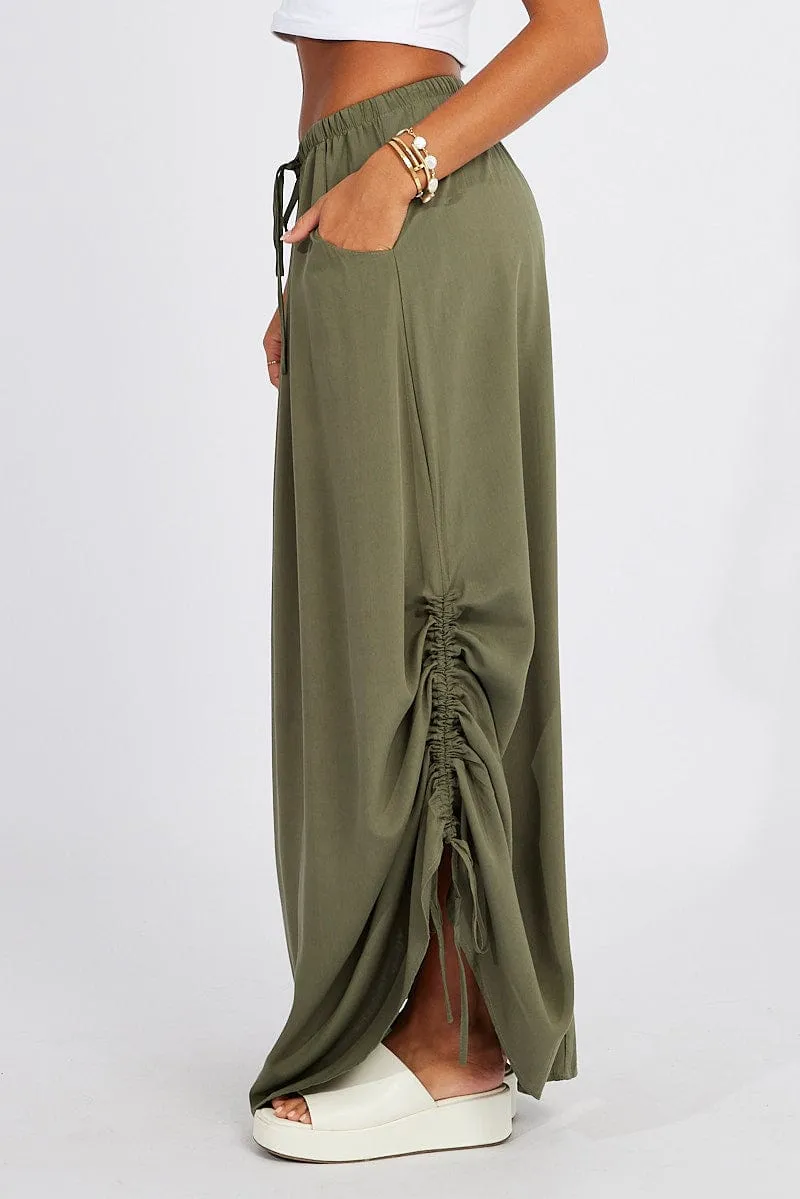 Green Maxi Skirt Side Ruched Lightweight Material Luxury Finish