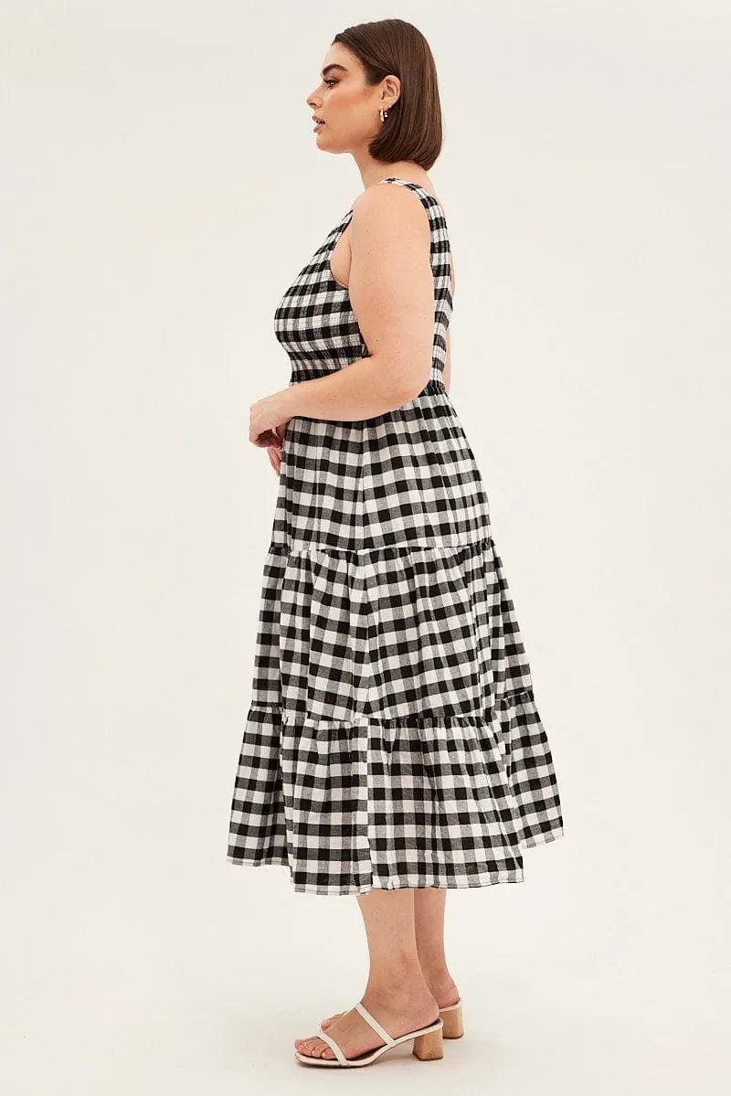 Multi Check Midi Dress One Shoulder Shirred Gingham Check natural fiber Stunning full-length outfit