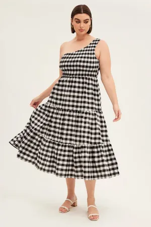Calm Mind Multi Check Midi Dress One Shoulder Shirred Gingham Check