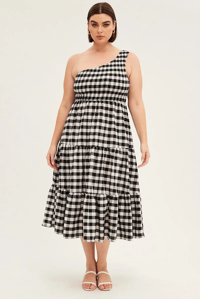 Multi Check Midi Dress One Shoulder Shirred Gingham Check Wild Air