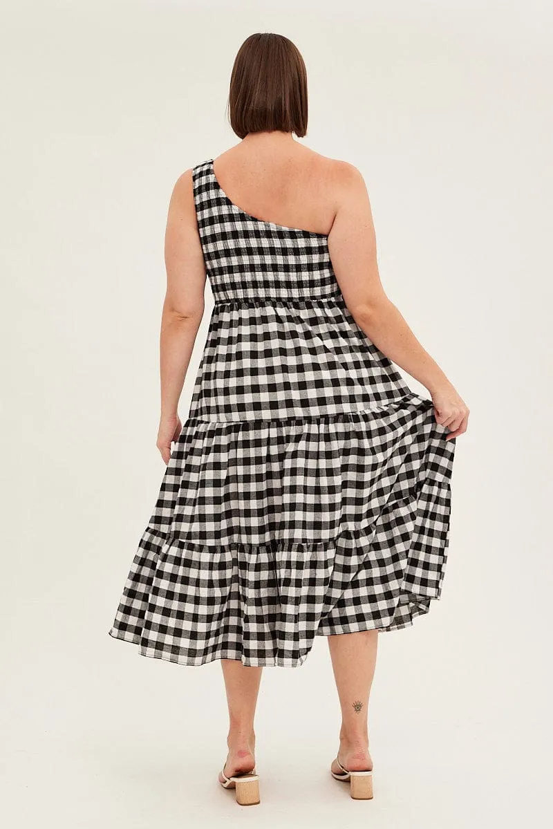 Cliff Path Soft draping maxi Multi Check Midi Dress One Shoulder Shirred Gingham Check