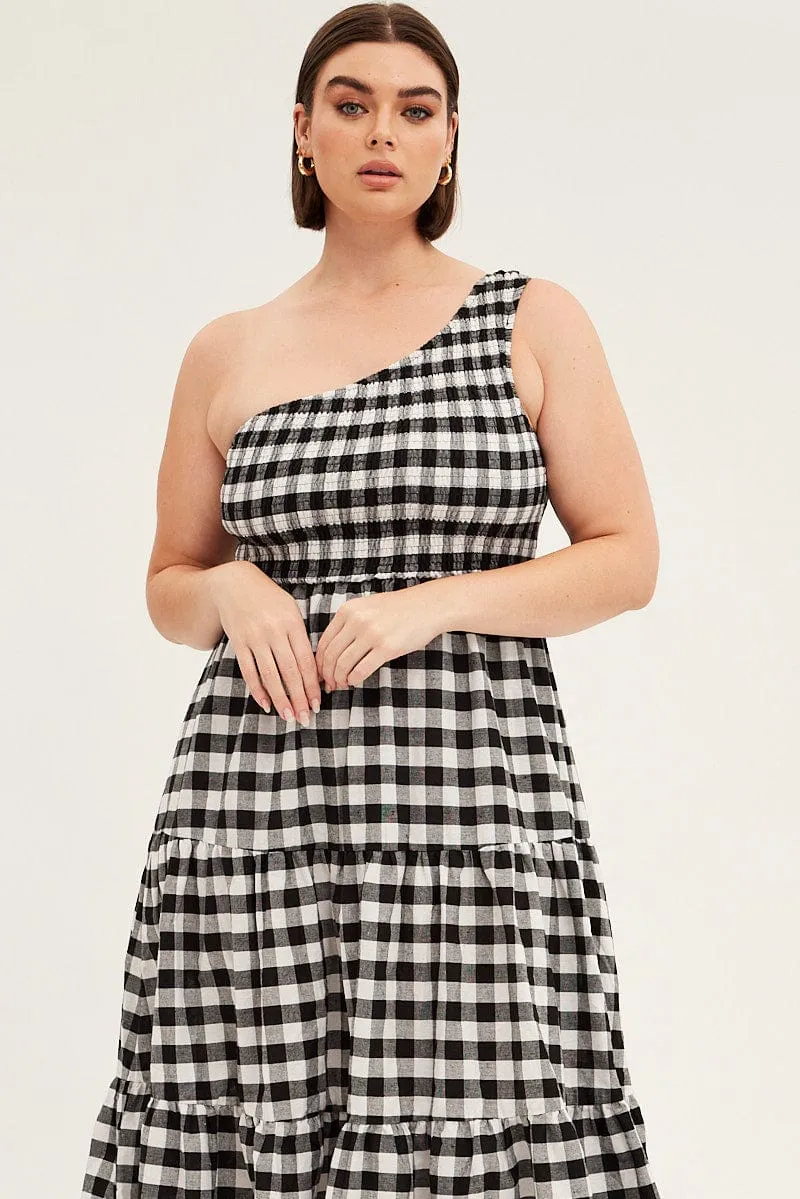 Multi Check Midi Dress One Shoulder Shirred Gingham Check Cliff Path Flare Bottom