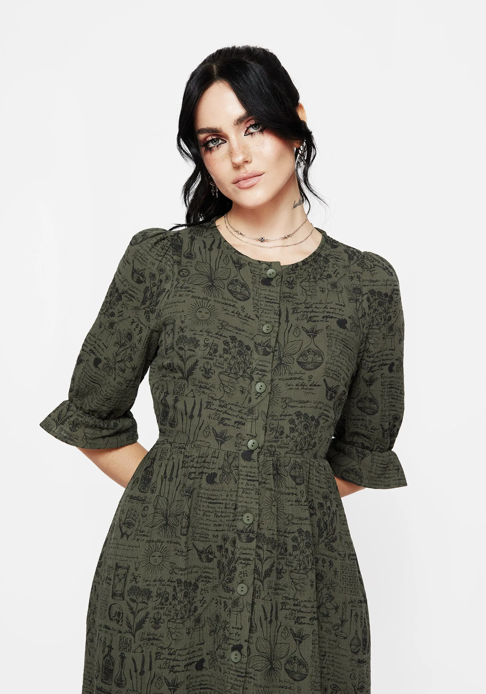 Taddea Cotton Button Up Midaxi Dress wrap waist Lace Panel