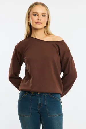 Lightweight Wear tropical print Brown Off Shoulder Sweater Long Sleeve