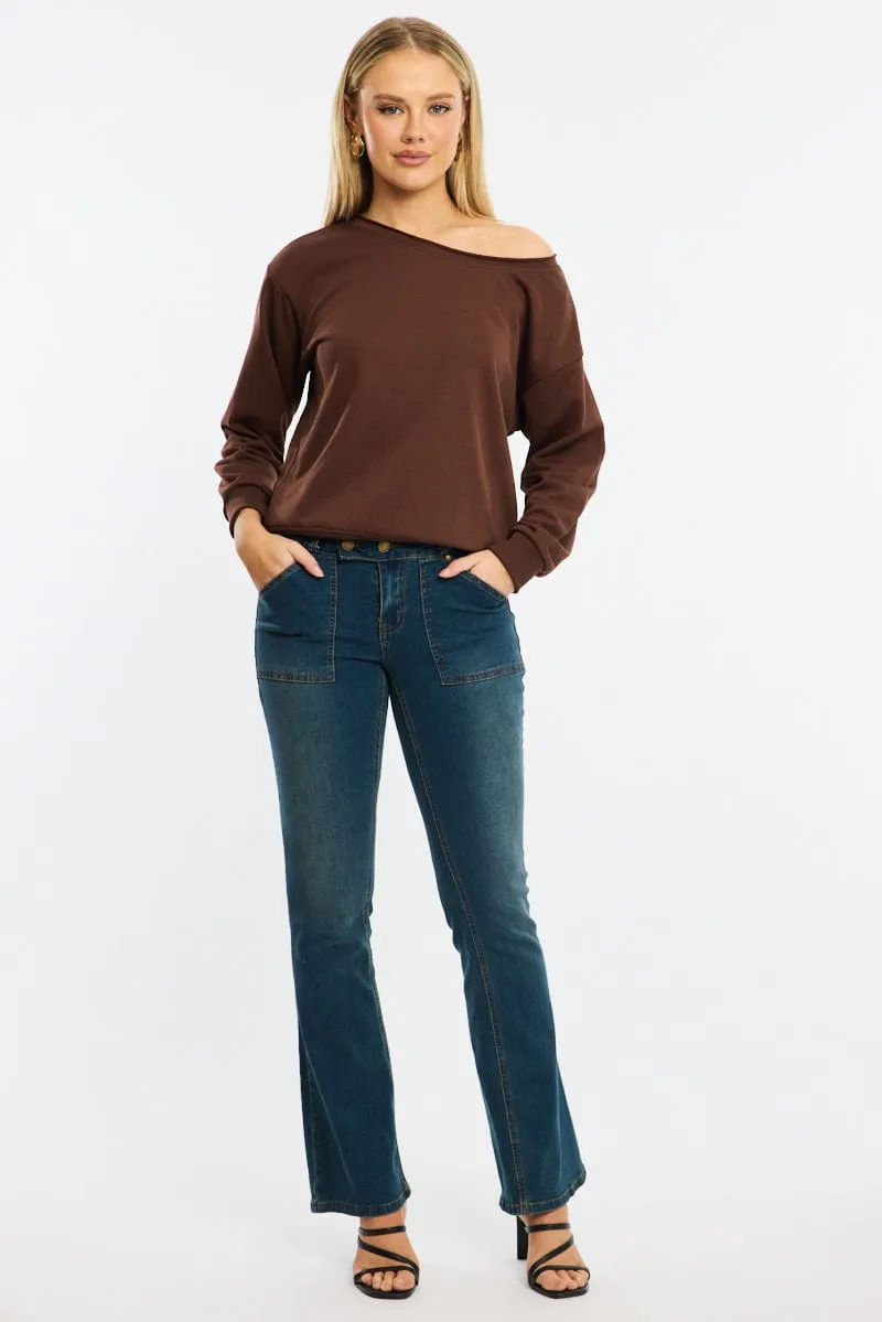 Versatile Wear Brown Off Shoulder Sweater Long Sleeve