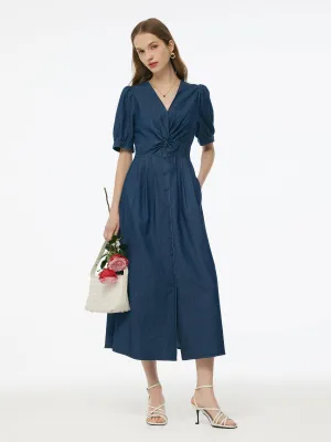 Energy Flow Denim Twist Front V-Neck Women Maxi Dress