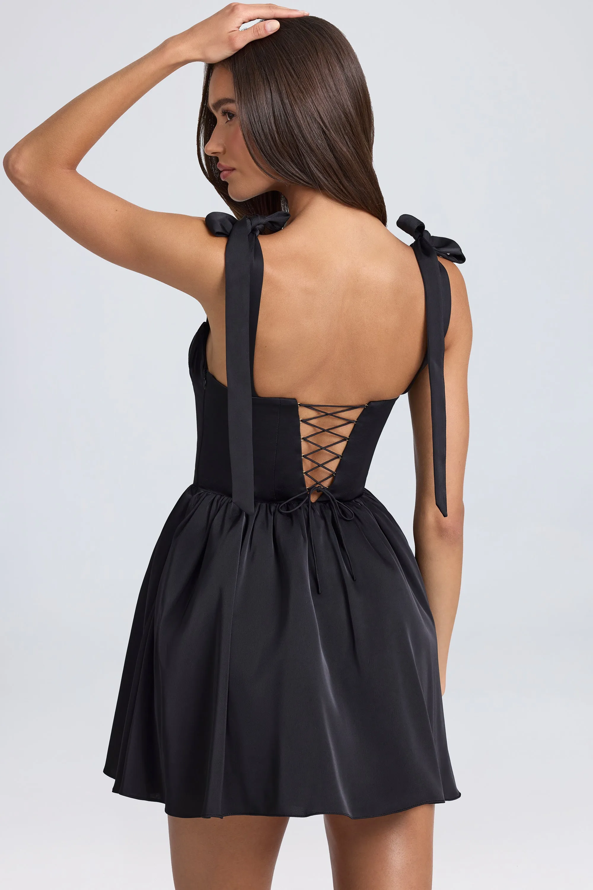 Draped Corset Mini Dress in Black Moisture Wicking Lining Short playful dress for vacations