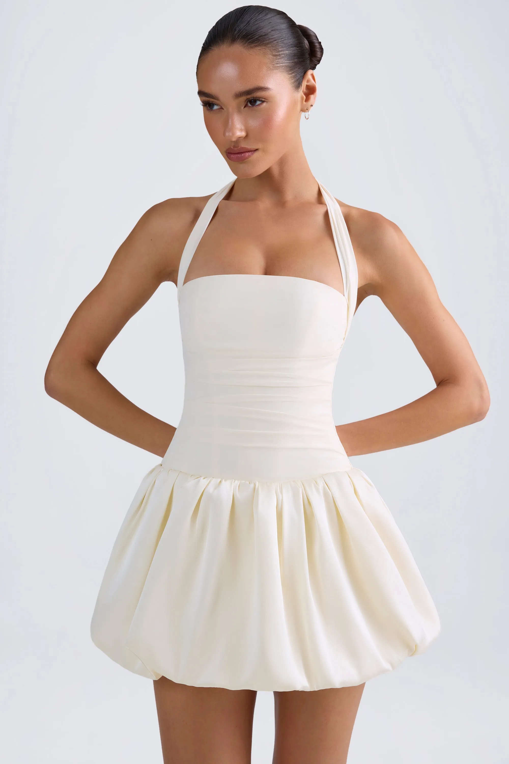 Comfort Fit Halterneck Lace-Up Bubble Hem Corset Micro Mini Dress in Ivory