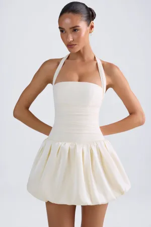 Comfort Fit Halterneck Lace-Up Bubble Hem Corset Micro Mini Dress in Ivory