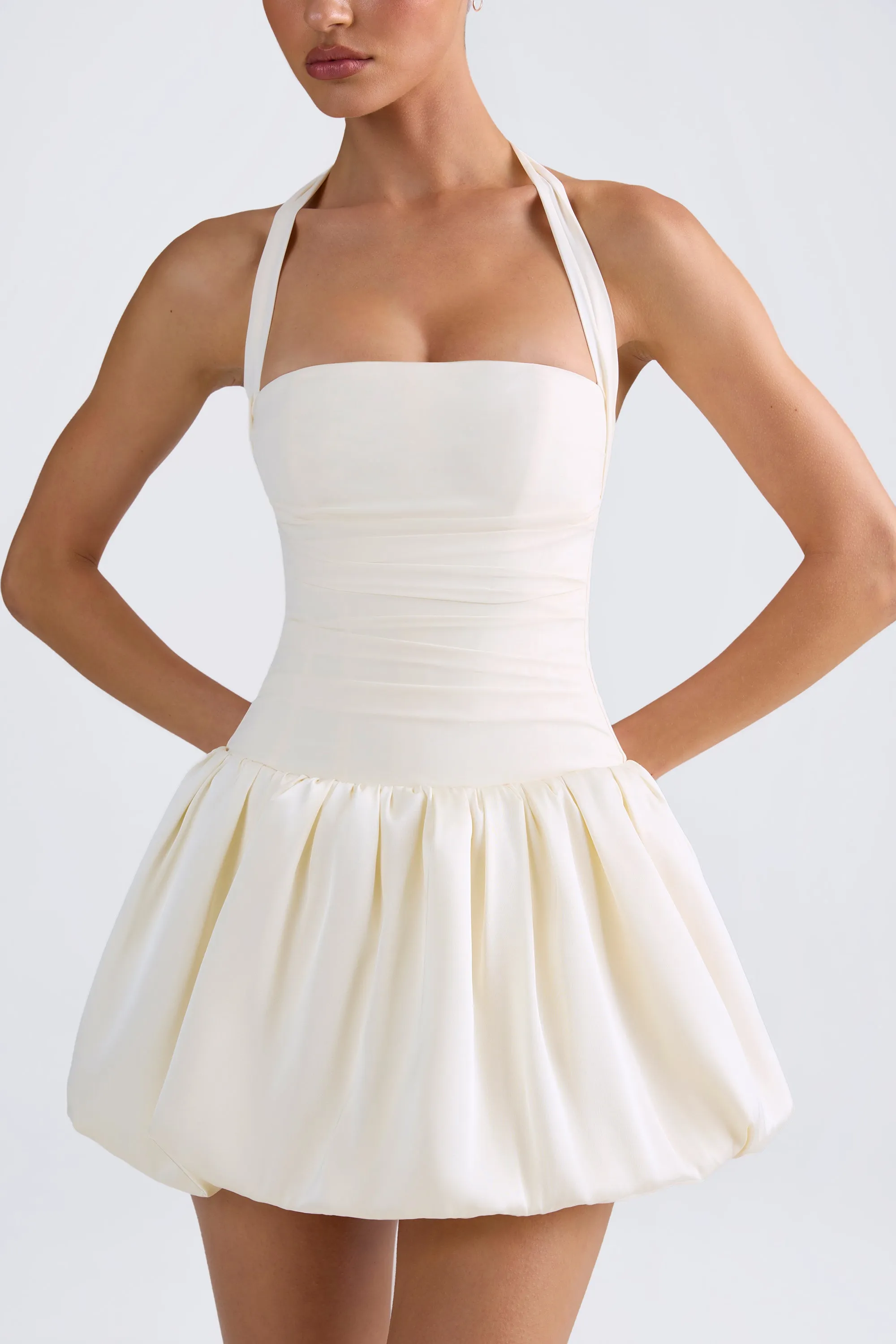 Neon Mood Bold Look Halterneck Lace-Up Bubble Hem Corset Micro Mini Dress in Ivory