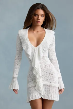 Playful evening dress Casual day dress Ruffle-Trim Pointelle-Knit Mini Dress in White