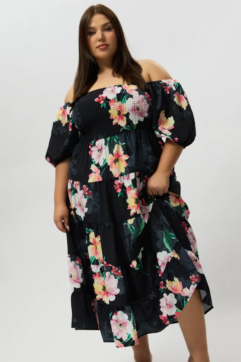 Steel Glow Black Floral Maxi Dress Short Sleeve Shirred
