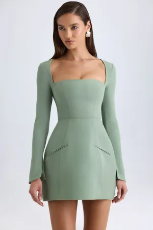 Glow Light Relaxed Chic Square-Neck Structured Tulip Mini Dress in Khaki Green