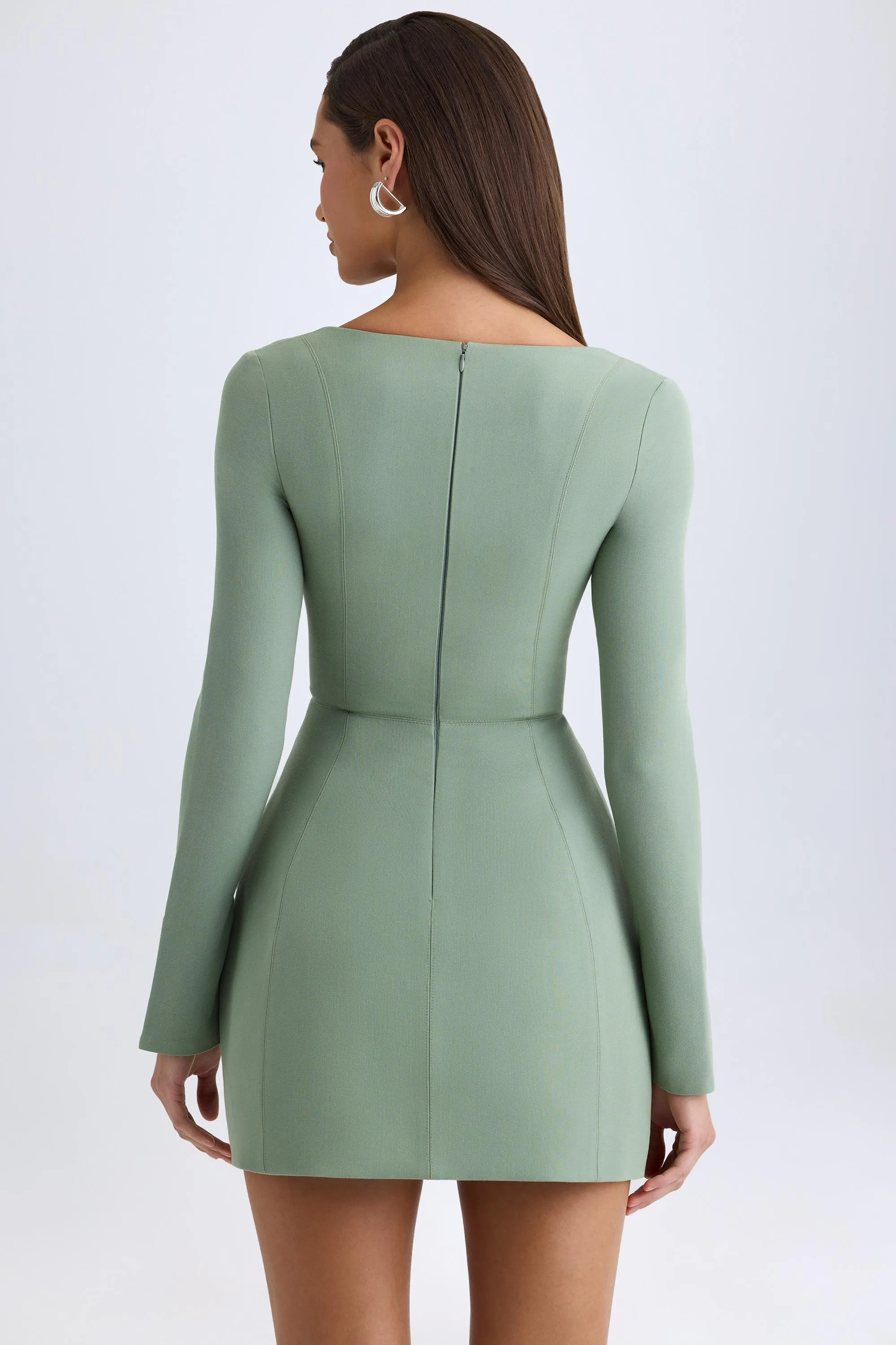 Square-Neck Structured Tulip Mini Dress in Khaki Green Club Light Star Warm