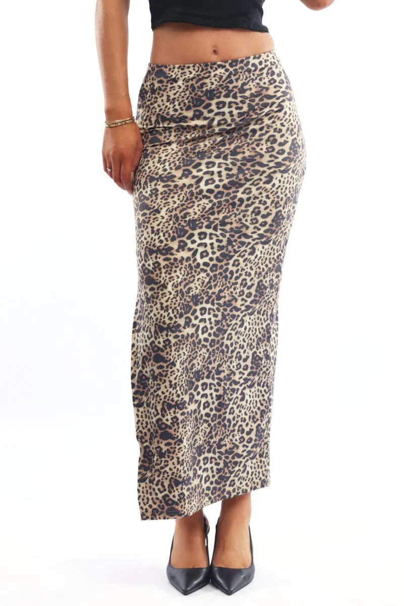 Brown Animal Print Leopard Maxi Skirt Side Split Lined Supersoft garden party