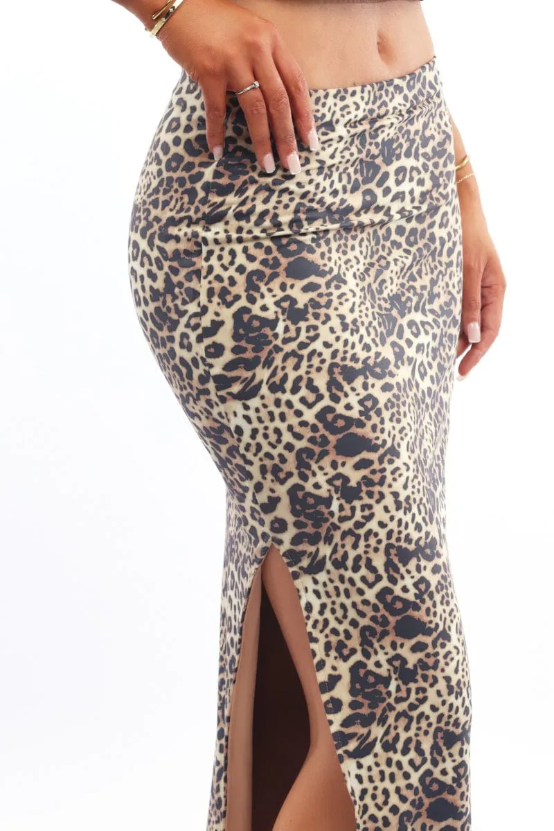 Brown Animal Print Leopard Maxi Skirt Side Split Lined Supersoft Celebrity Style