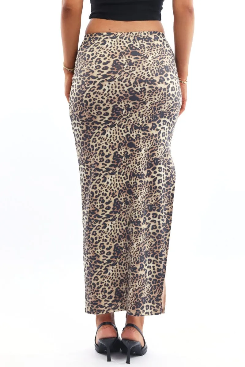 Easy Fashion Brown Animal Print Leopard Maxi Skirt Side Split Lined Supersoft