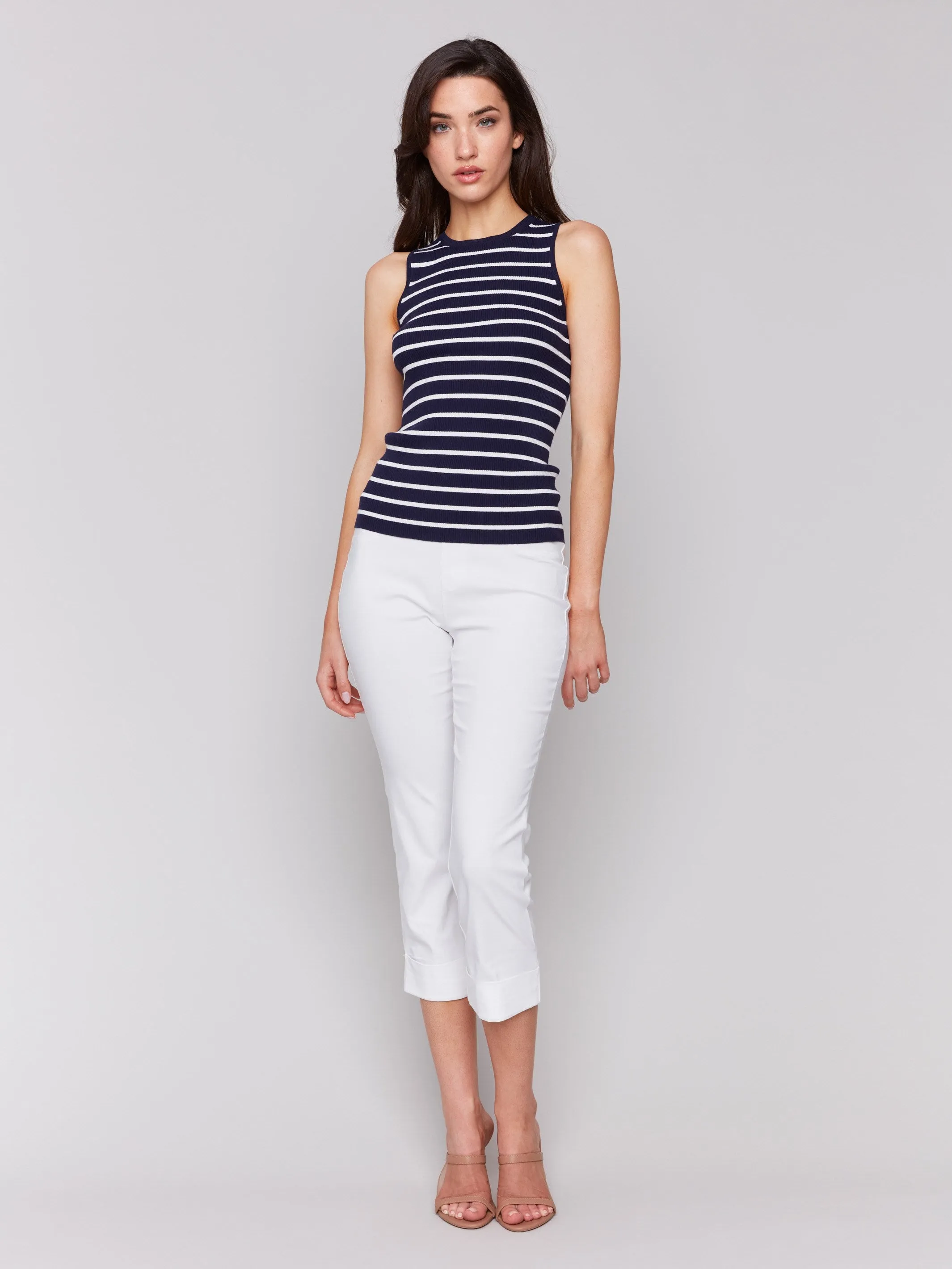 Striped Rib Knit Sleeveless Top - Navy Cozy Vibe