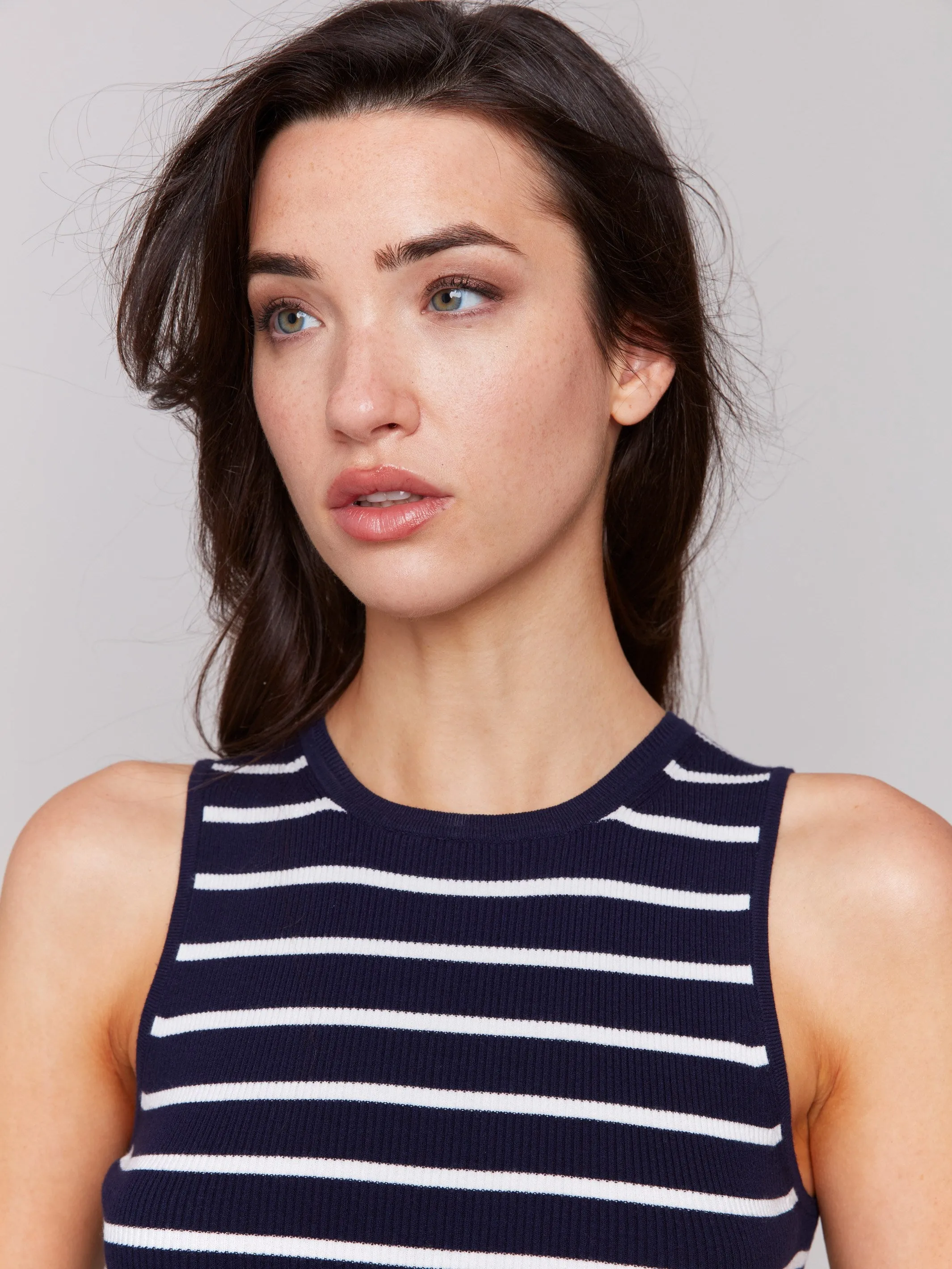 Striped Rib Knit Sleeveless Top - Navy Cozy Fleece Cold Weather Look