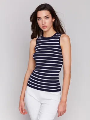 Striped Rib Knit Sleeveless Top - Navy Non Pilling Surface Chilly Days
