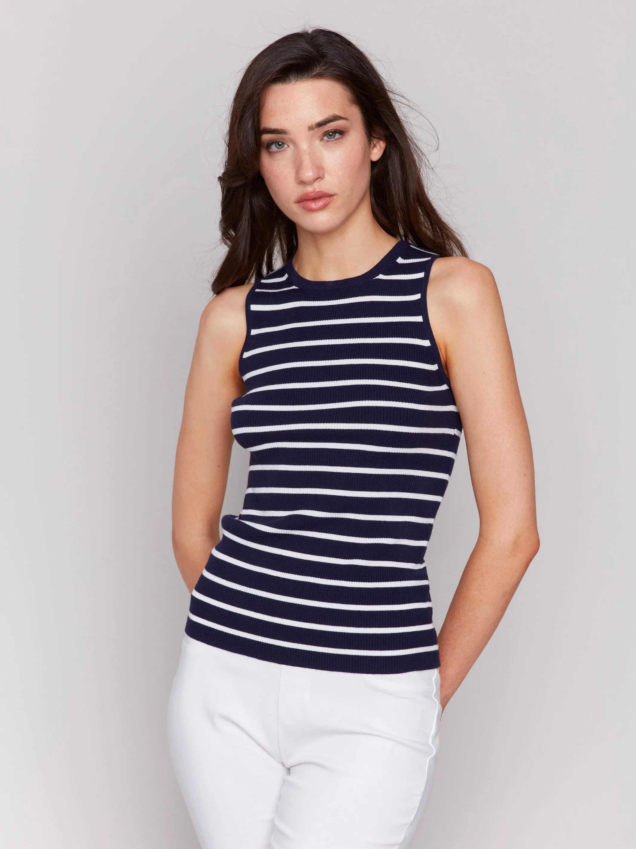Striped Rib Knit Sleeveless Top - Navy Flexible Neck Opening Casual Knit Layer