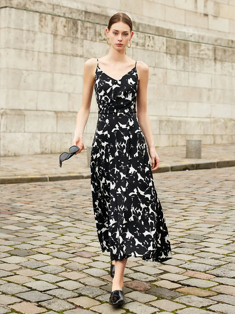 Wonder Core 19 Momme Mulberry Silk Iris Print Women Maxi Spaghetti Strap Dress With Scrunchie