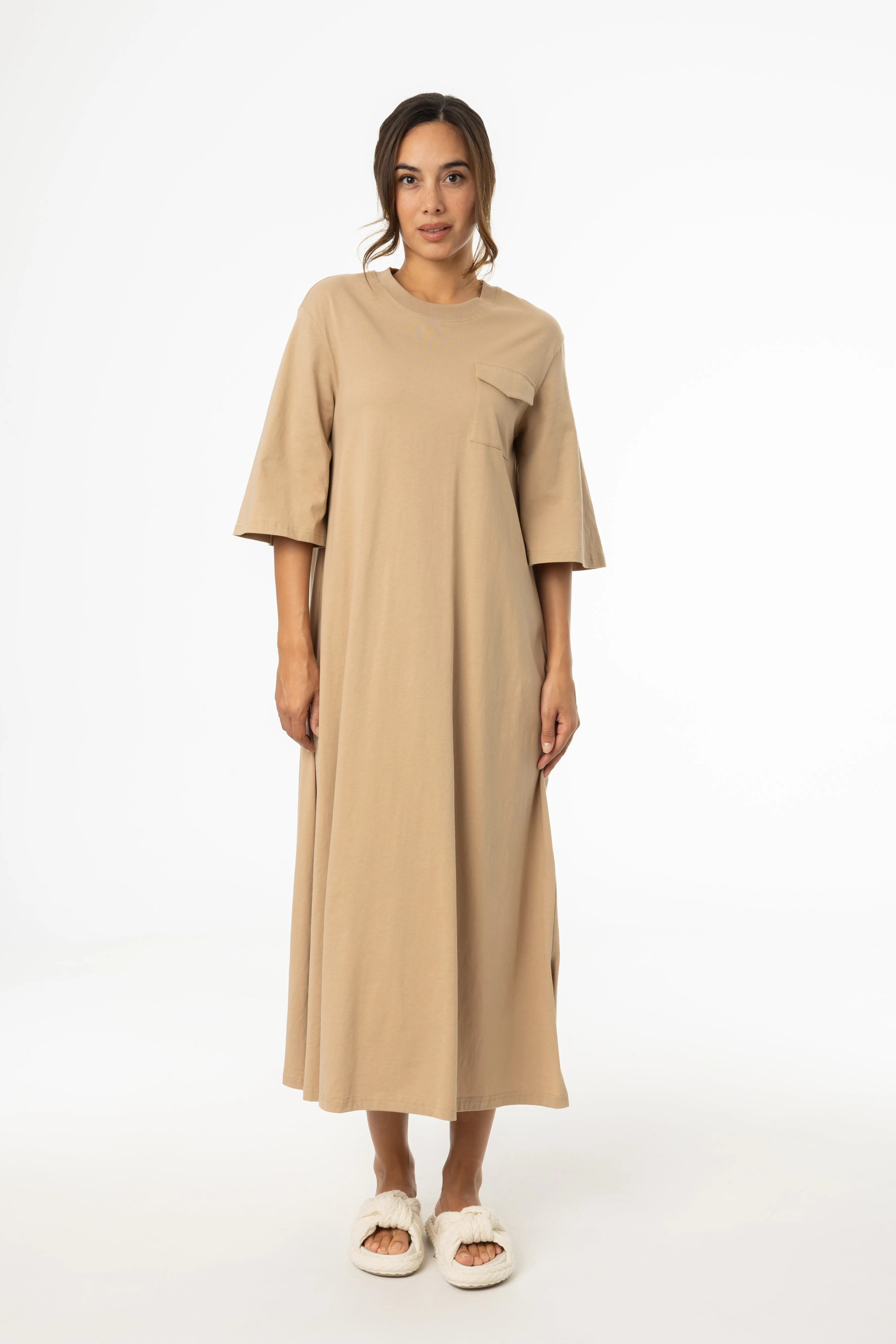 Tan Pocket Tee Shirt Maxi Dress LowBulkFabric
