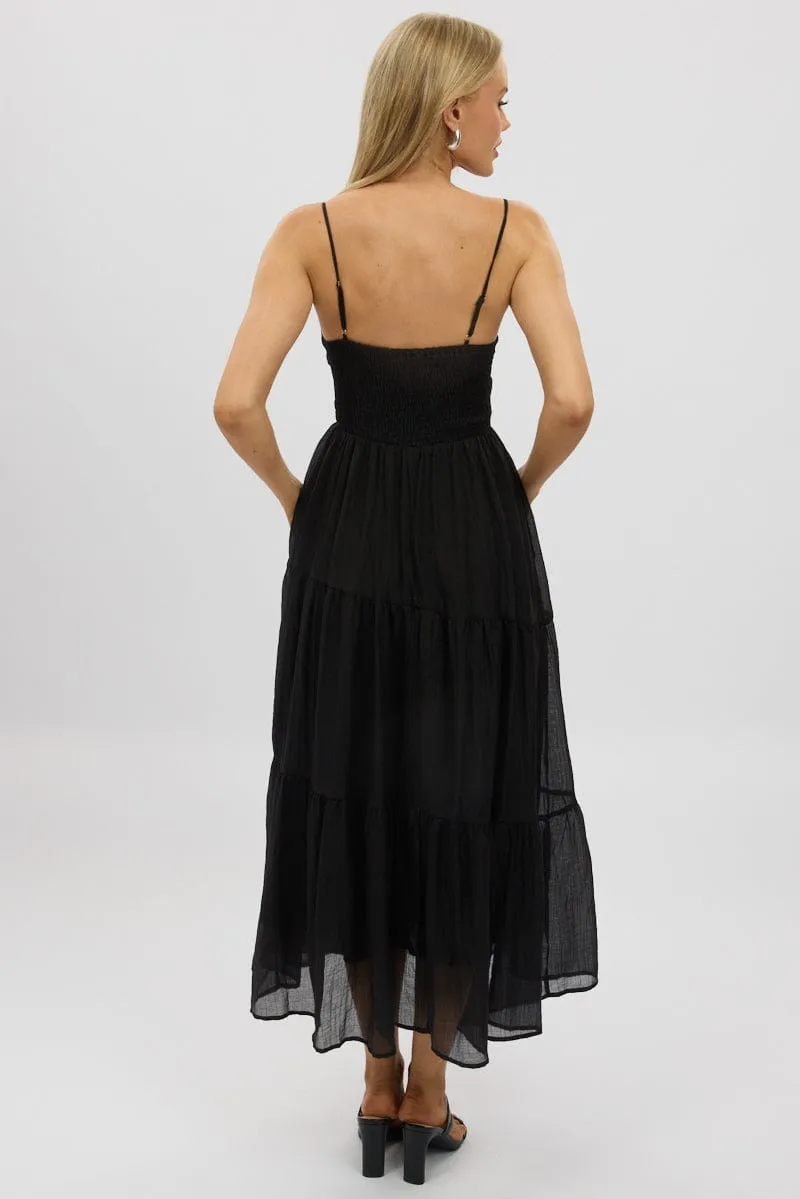 Black Midi Dress Tiered Strappy Casual Style
