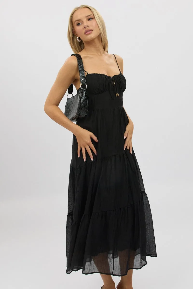 Black Midi Dress Tiered Strappy Elegant knee-length dress Relaxed summer midi