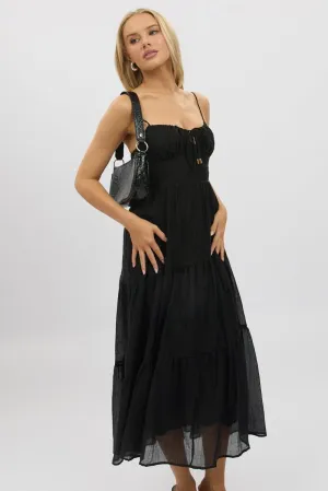 Black Midi Dress Tiered Strappy Elegant knee-length dress Relaxed summer midi