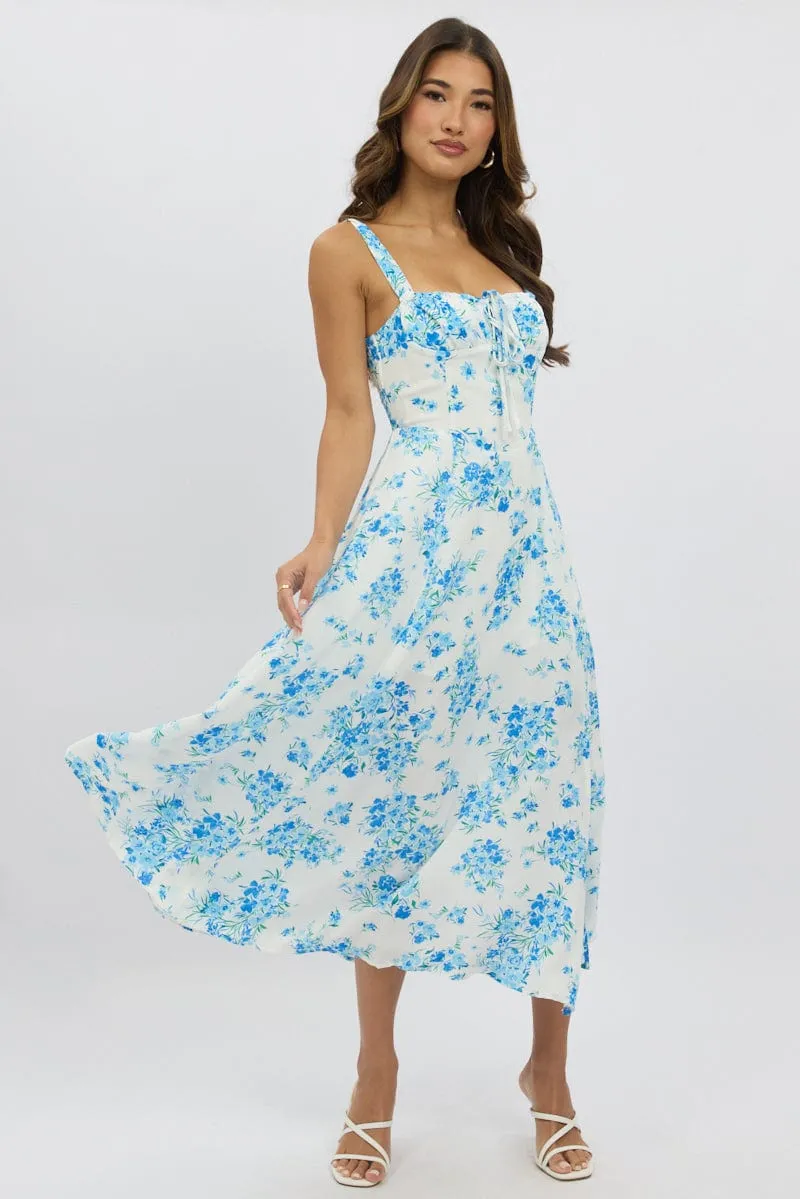 Easy Fashion Blue Floral Midi Dress Gathered Bust